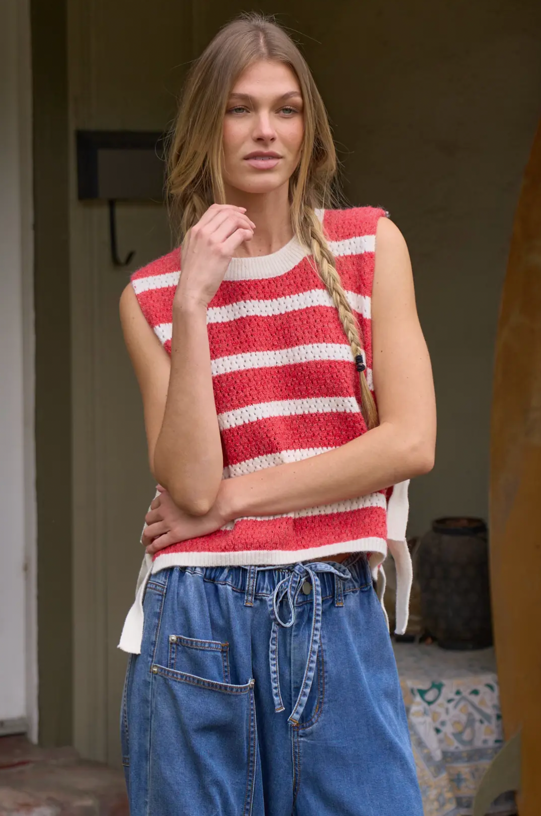 Crochet Striped Sleeveless Knit Top