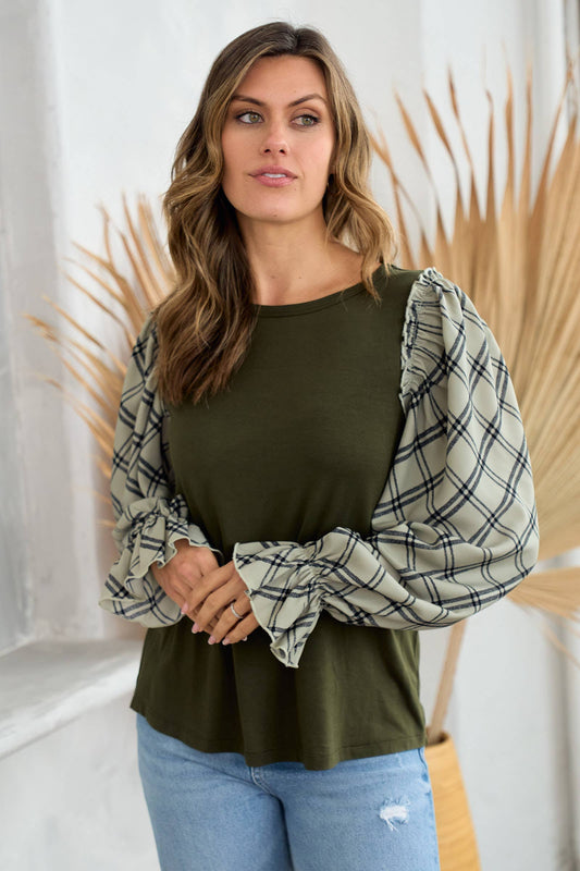 Plus jersey top with woven contrast check print-PLT10510