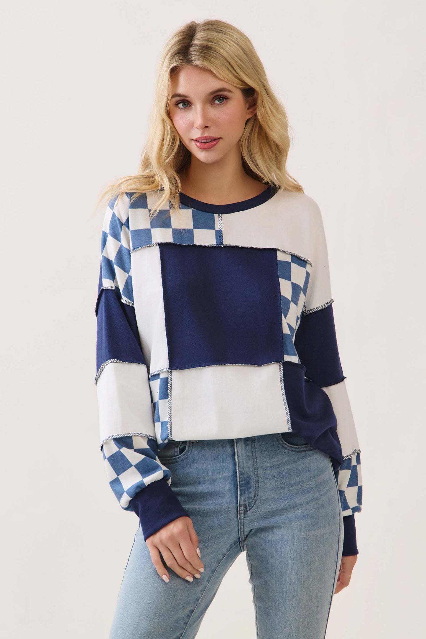 Checkered Print Patchwork Top