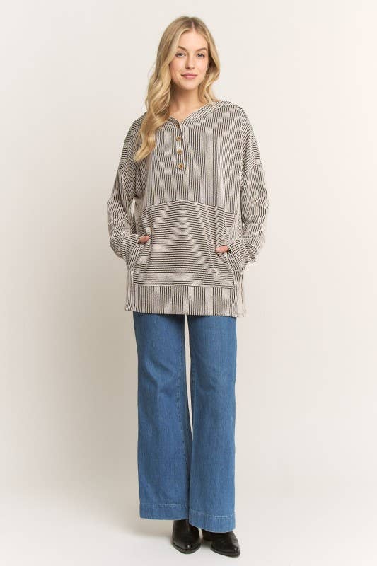LONG SLEEVE URBAN RIB STRIPE HOOIDE TOP CURVY