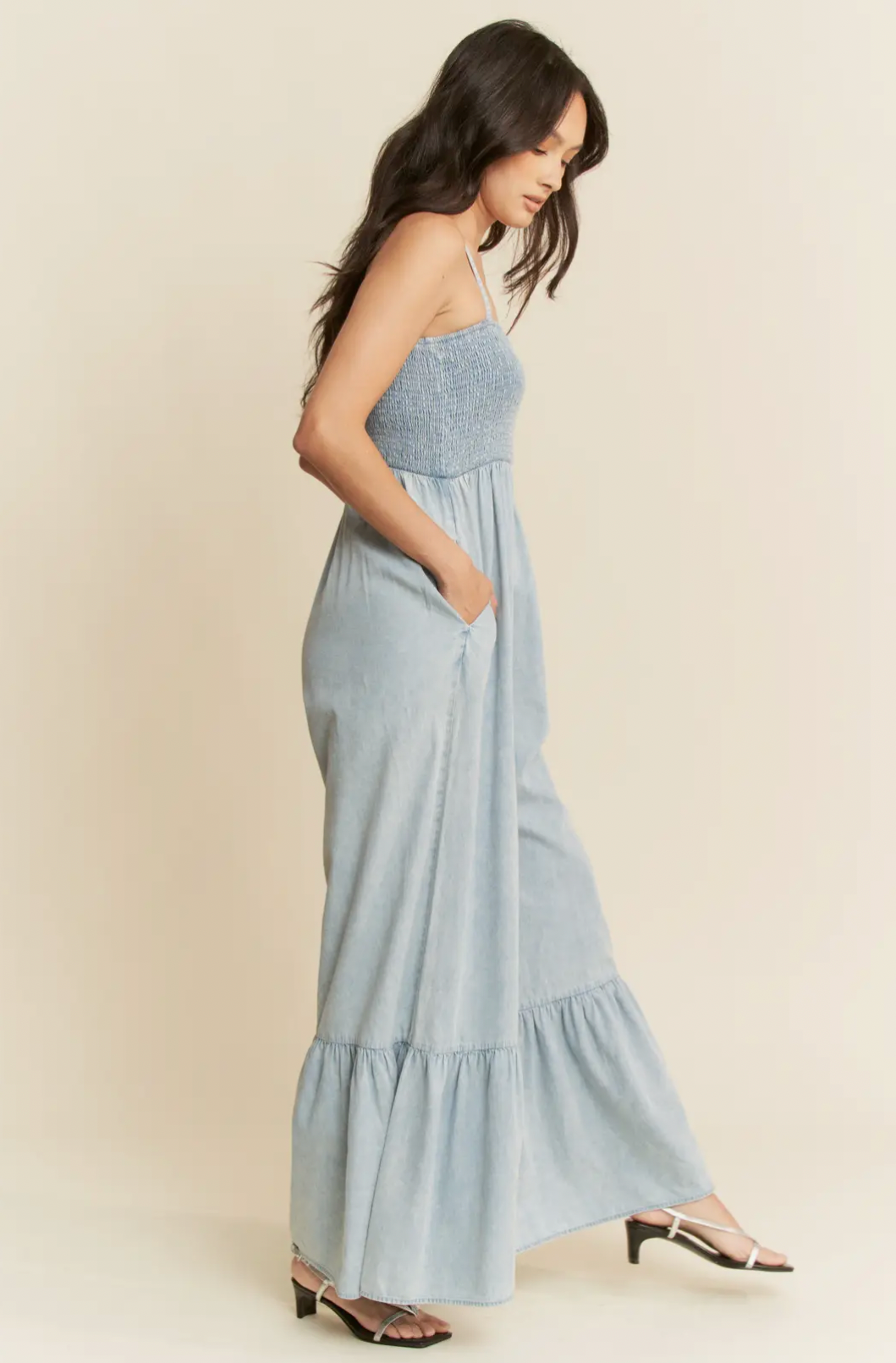 Mineral Washed Smocking Bodice Jumpsuit