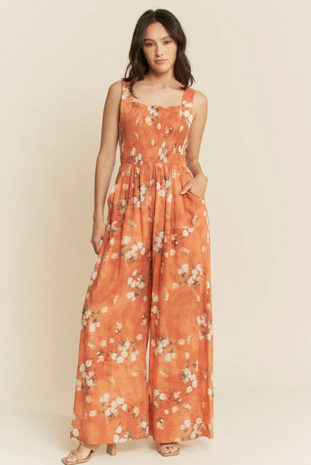Floral Ruffle Square Neck Smocking Jumpsuit- Curvy