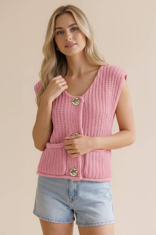 Gold Button Down Chunky Sweater Vest Curvy