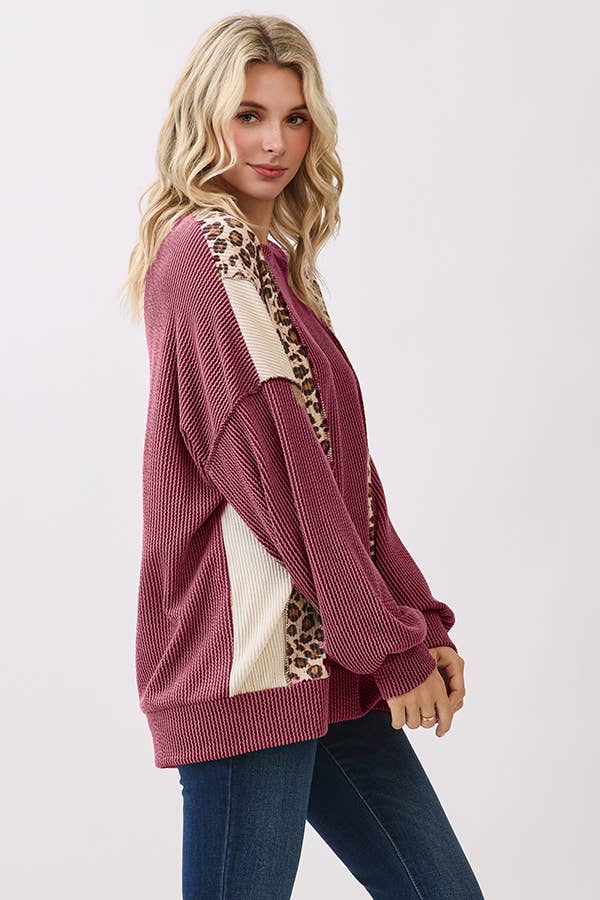 Color Block Rib Knit Oversized Pullover Top T6109