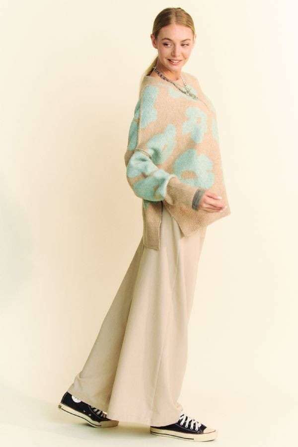 FLORAL LONG SLEEVE LOOSE FIT PULLOVER KNIT SWEATER