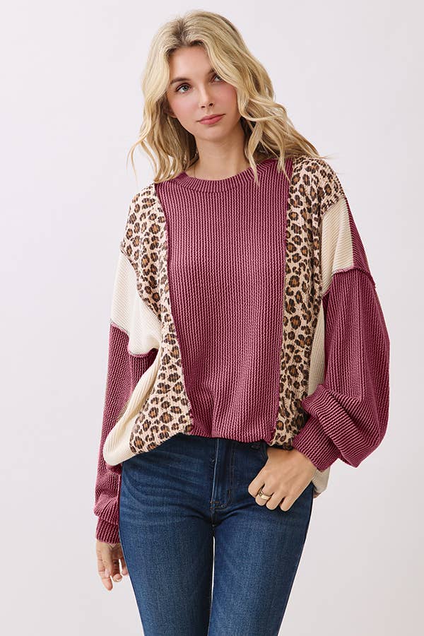 Color Block Rib Knit Oversized Pullover Top T6109