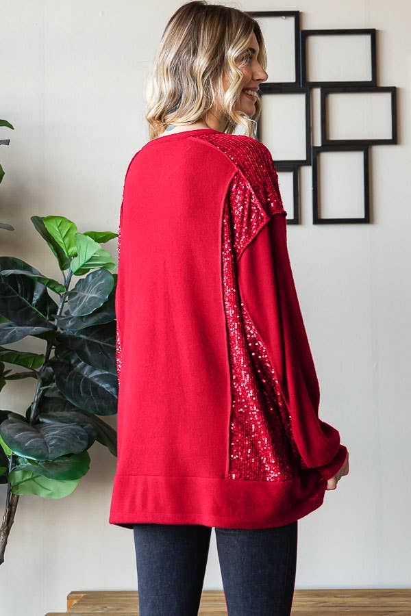 Brushed Drop Shoulder Sequin Contrast Pullover Top T5400