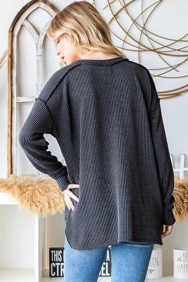 [PLUS SIZE] Rib V-Neck Drop Shoulder Long Sleeve Top T5240XL