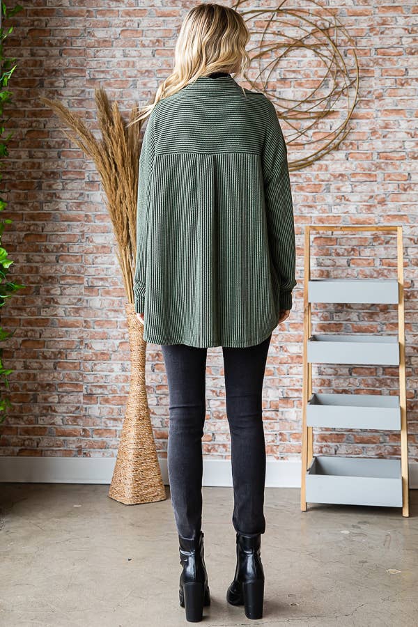 Solid Rib Button Down Side Pockets Long Sleeve Shacket T5256