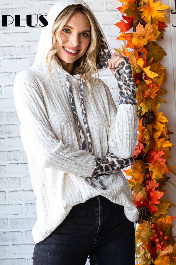 [PLUS SIZE]Cable Knit Leopard Accent Thumbhole HoodieT4892XL