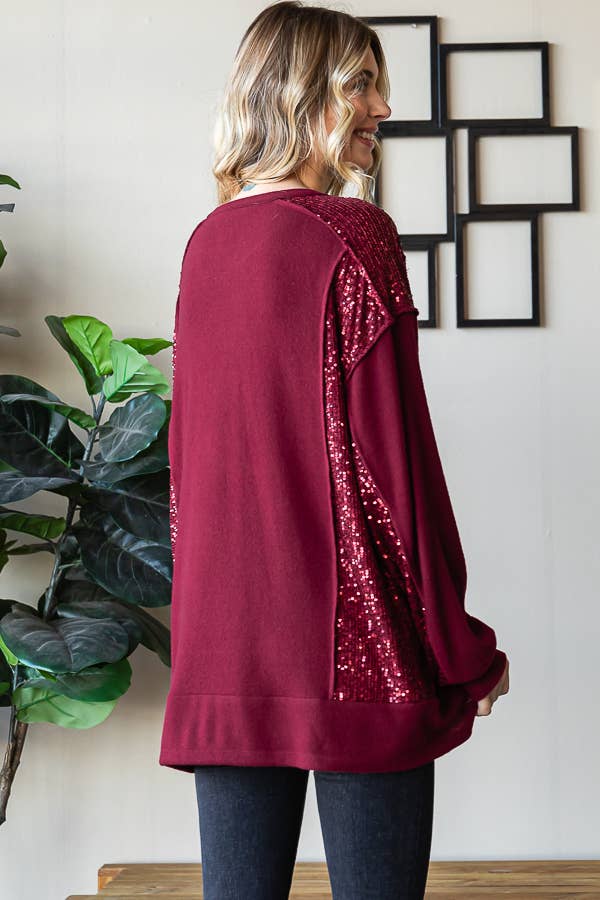 Brushed Drop Shoulder Sequin Contrast Pullover Top T5400