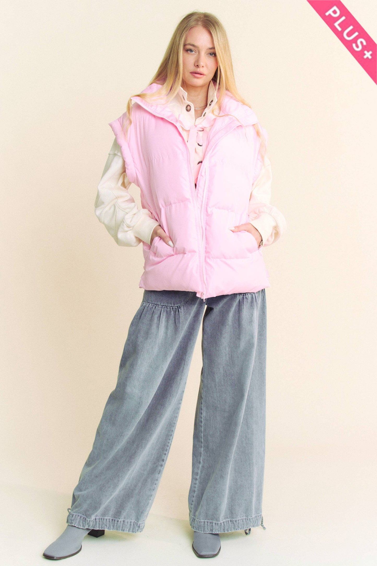 PLUS SOLID SLEEVELESS ZIPPER PUFFER JACKET VEST