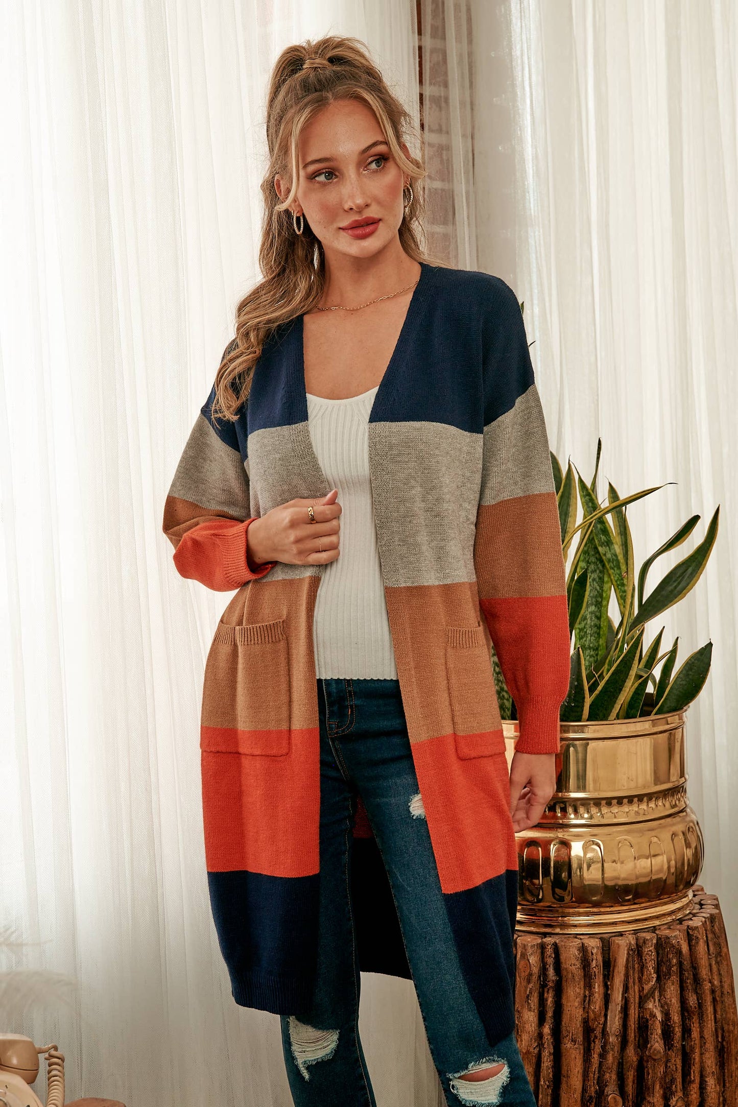 Color-blocked sweater cardigan-SW6058