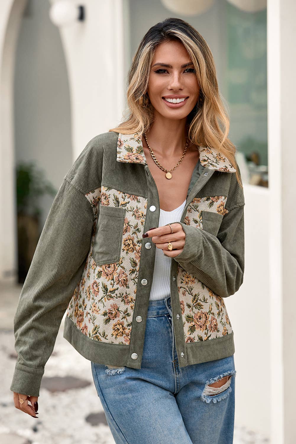 Ribbed Retro Floral Patchwork Shirt Style Jacket