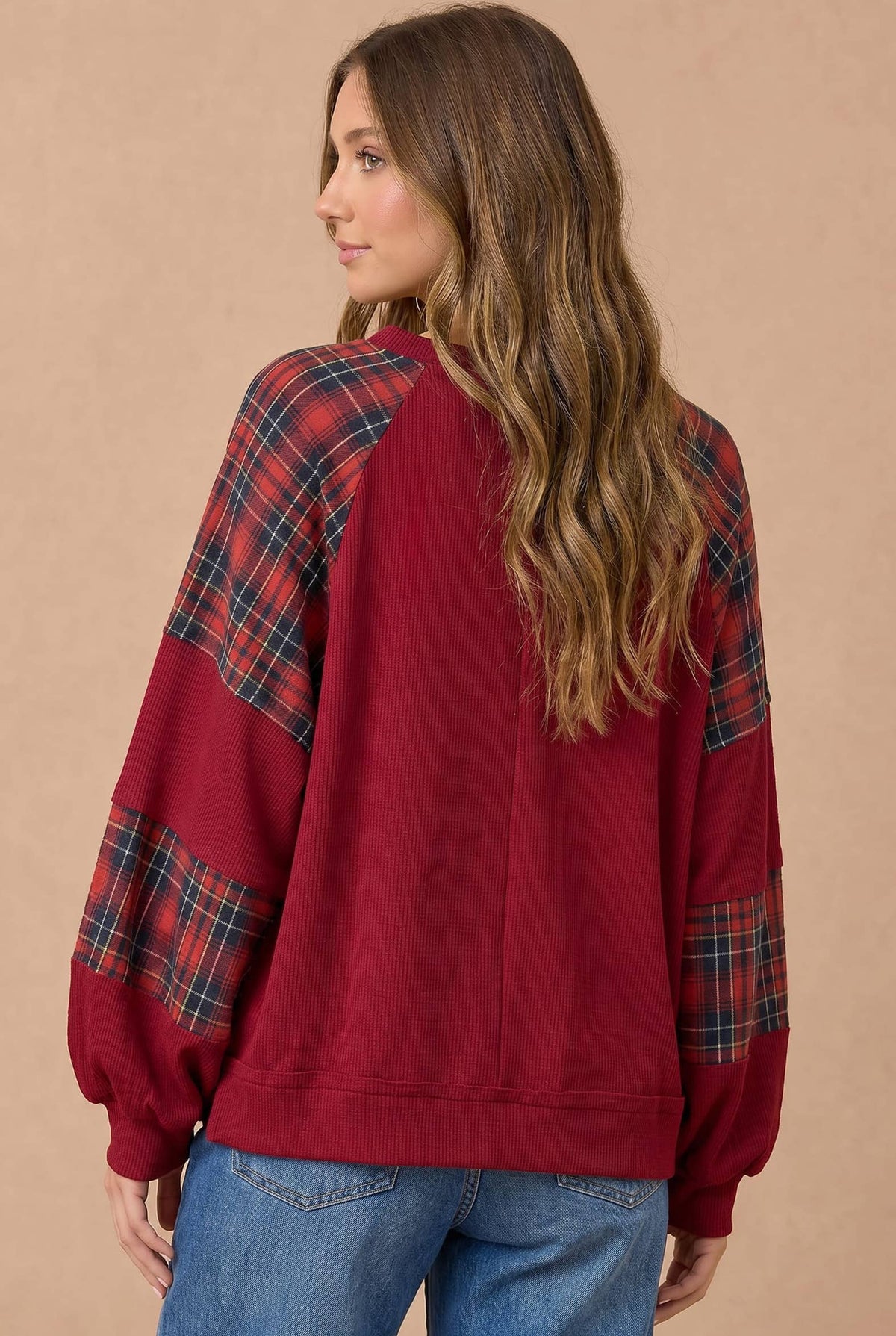 Plaid Contrast Raglan Rib Knit Pullover