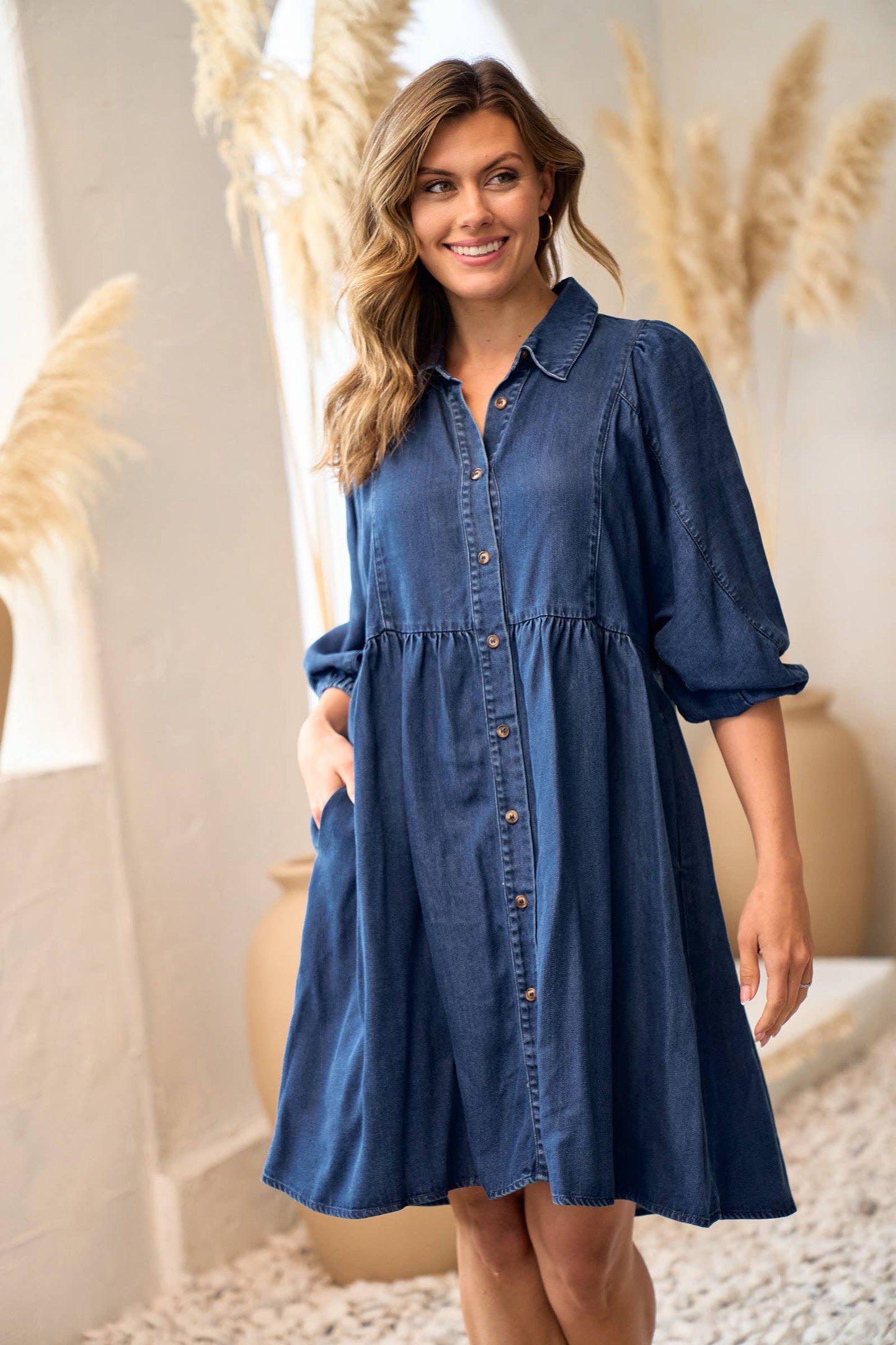 Plus Button down puff sleeve mini dress-PID10016A