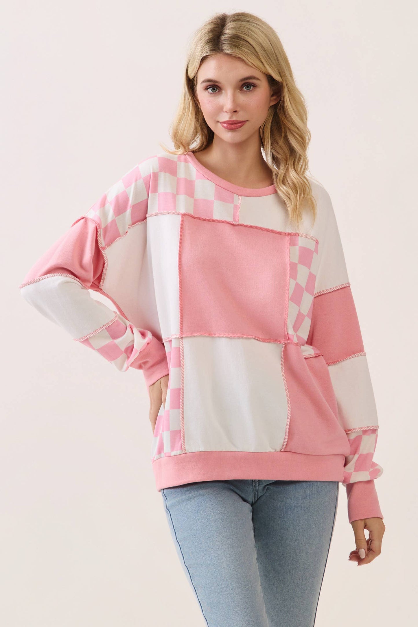 Checkered Print Patchwork Top