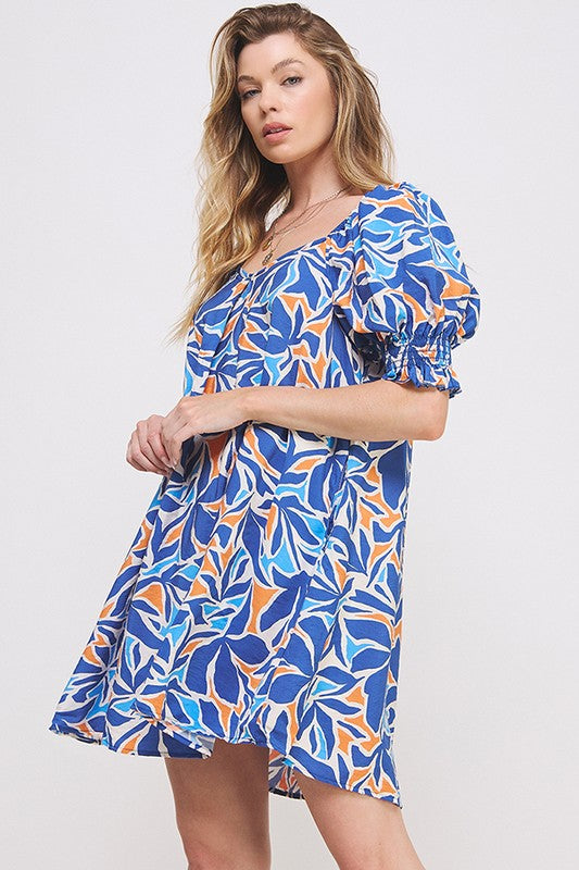 Puff Sleeve Tropical V-Neck Dress