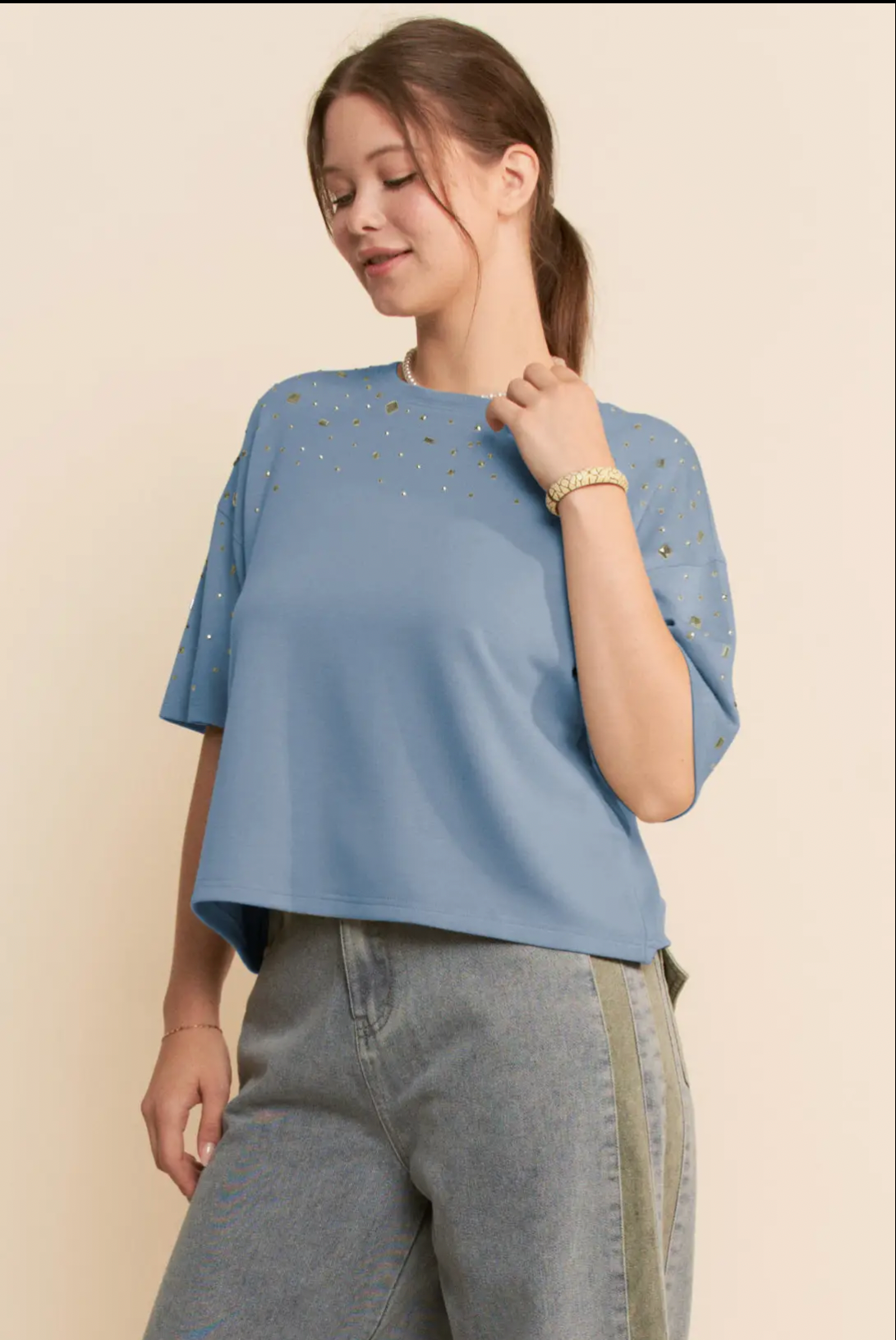 Studded Short Sleeve Loose Fit Top