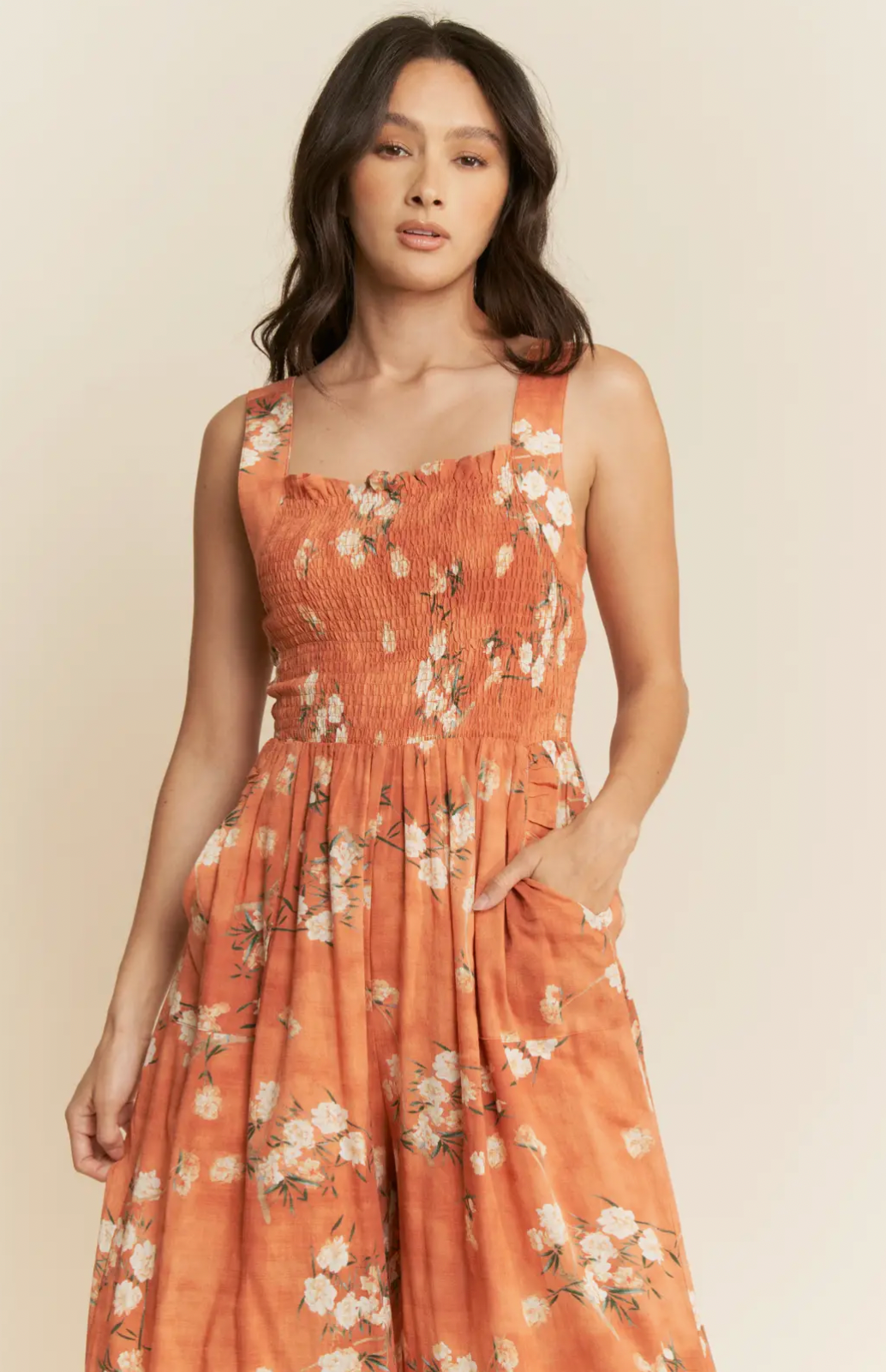 Floral Ruffle Square Neck Smocking Jumpsuit- Curvy