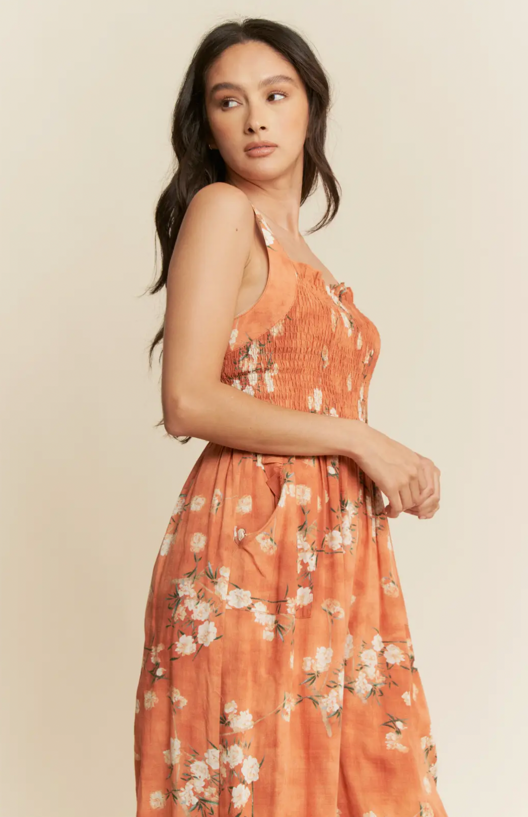 Floral Ruffle Square Neck Smocking Jumpsuit- Curvy