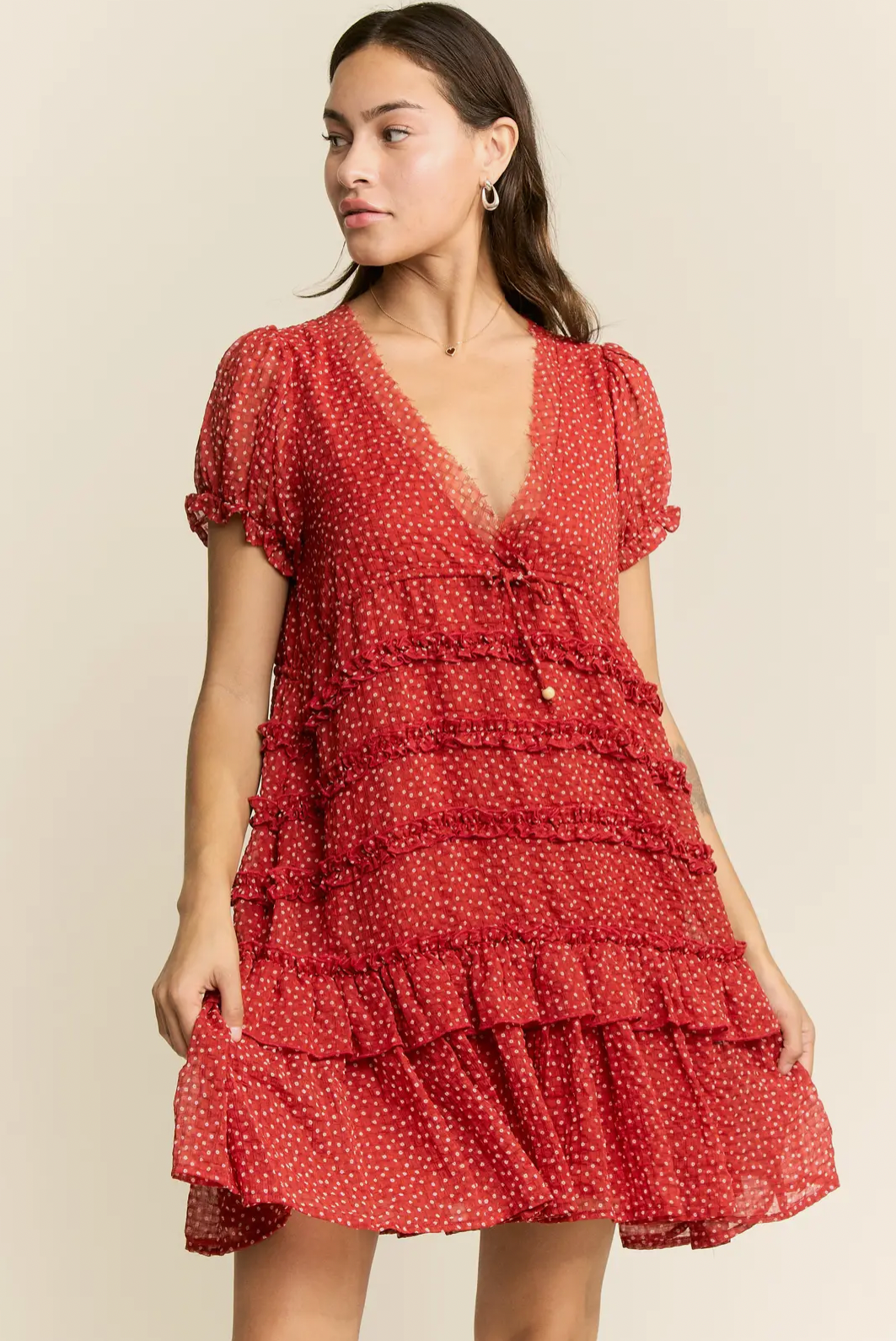 V- Neck Polka Dot Tier Mini Dress