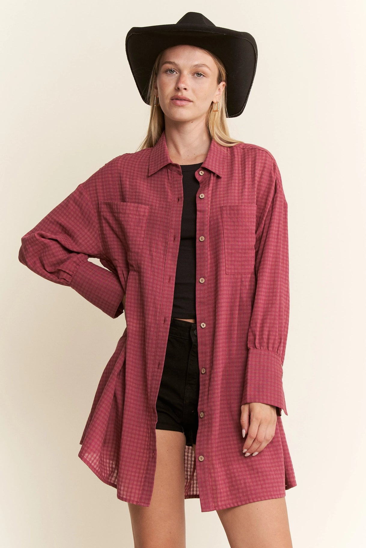 Gingham Oversized Button Down Top- Curvy