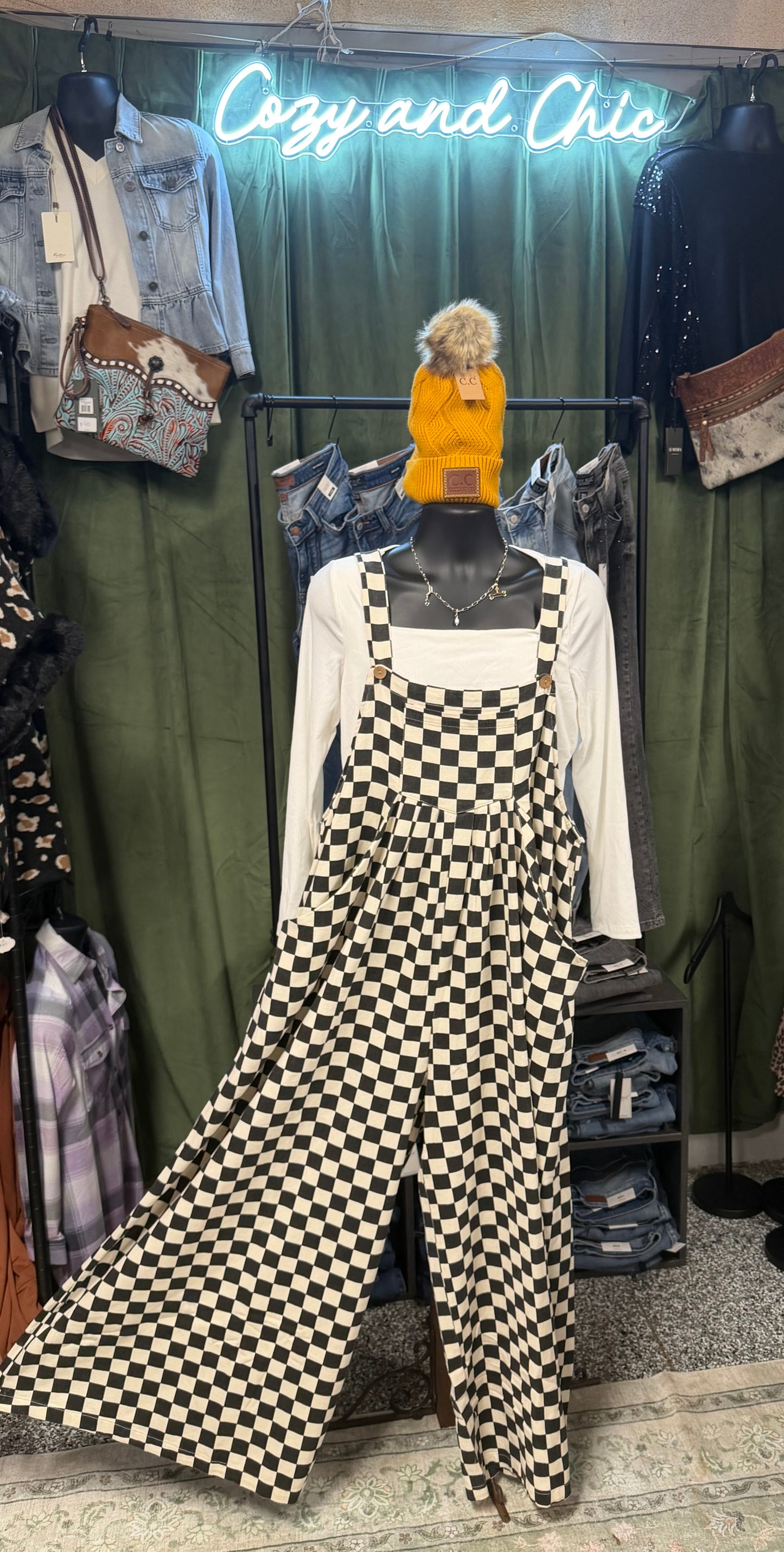 Checkered Wide Leg Overalls