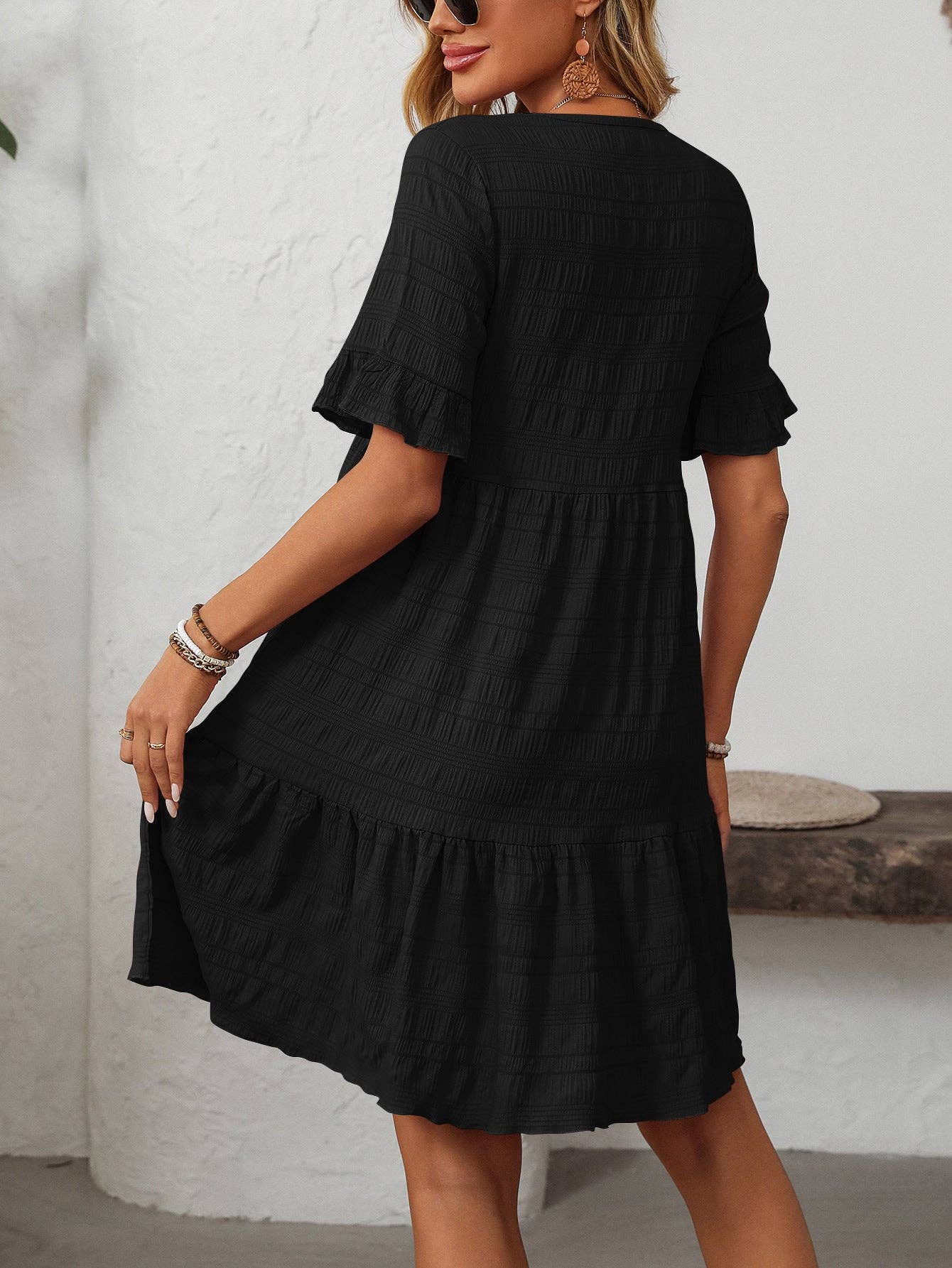 Women Ruffle Sleeve A Line Tiered Flowy Casual Trendy Mini Dress