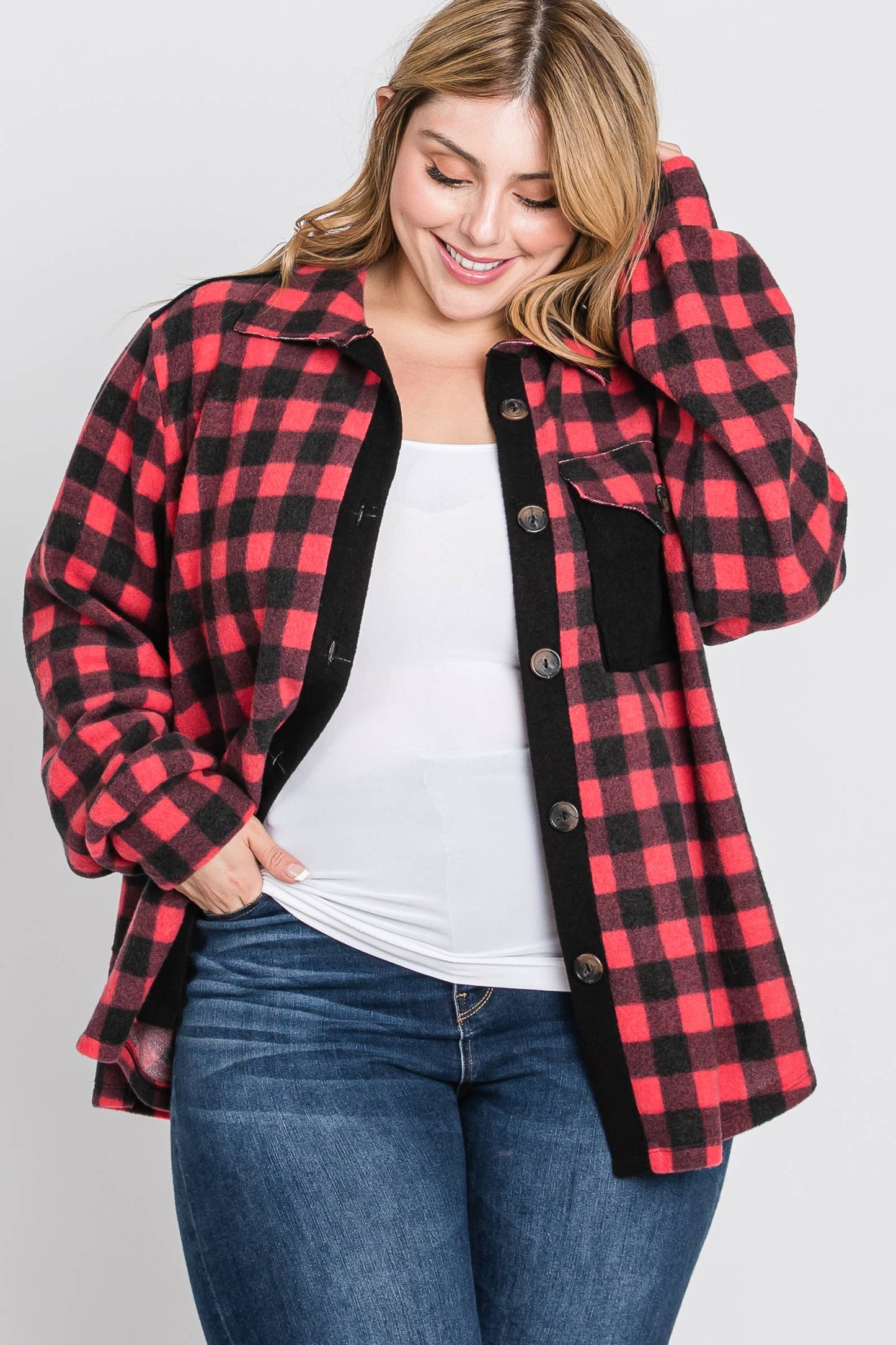 Plus Plaid brushed knit shirt jacket-PLT4604B