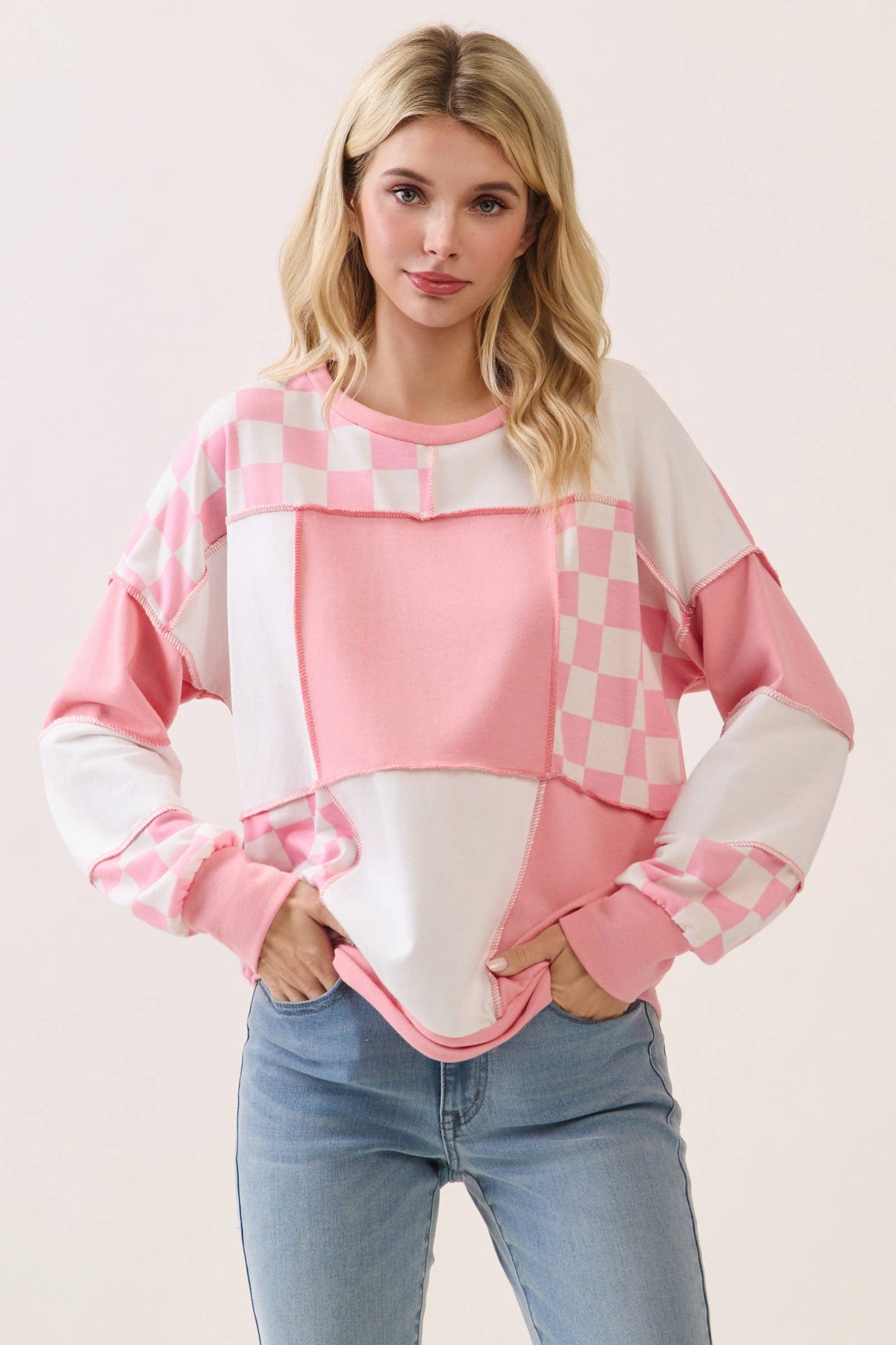 Checkered Print Patchwork Top