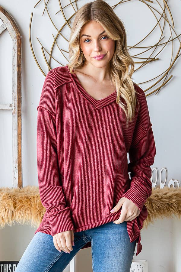 [PLUS SIZE] Rib V-Neck Drop Shoulder Long Sleeve Top T5240XL