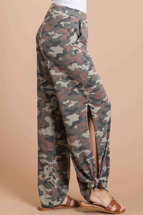 Camo Print Split Side Ankle Tie Women's Casual Pants P3585