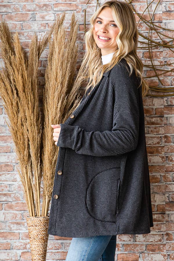 Solid Rib Button Down Side Pockets Long Sleeve Shacket T5256