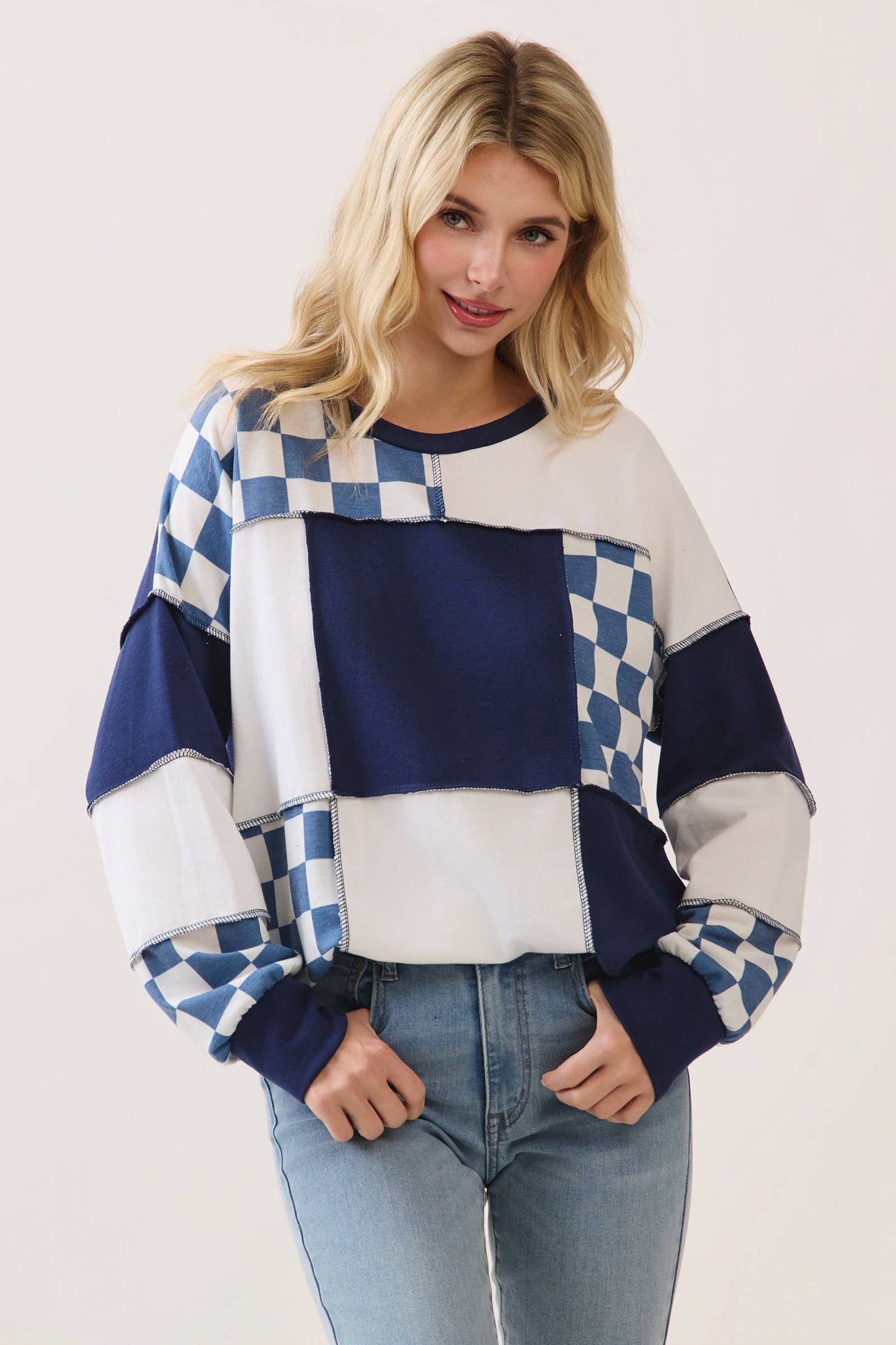 Checkered Print Patchwork Top