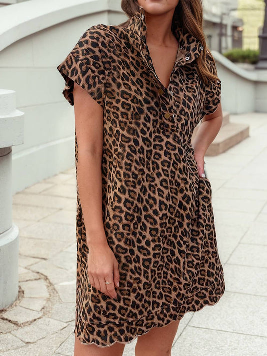 Western Collar Short Sleeve Shift Leopard Dress with Pockets