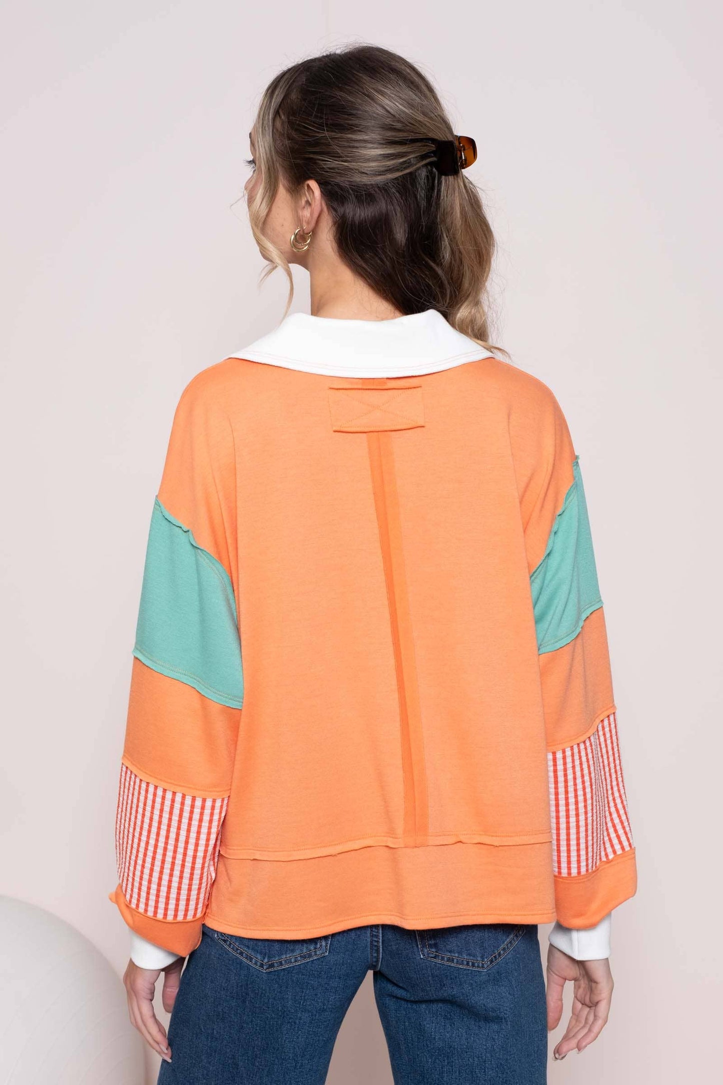 Plus color block collared top with striped panels-PLT11201