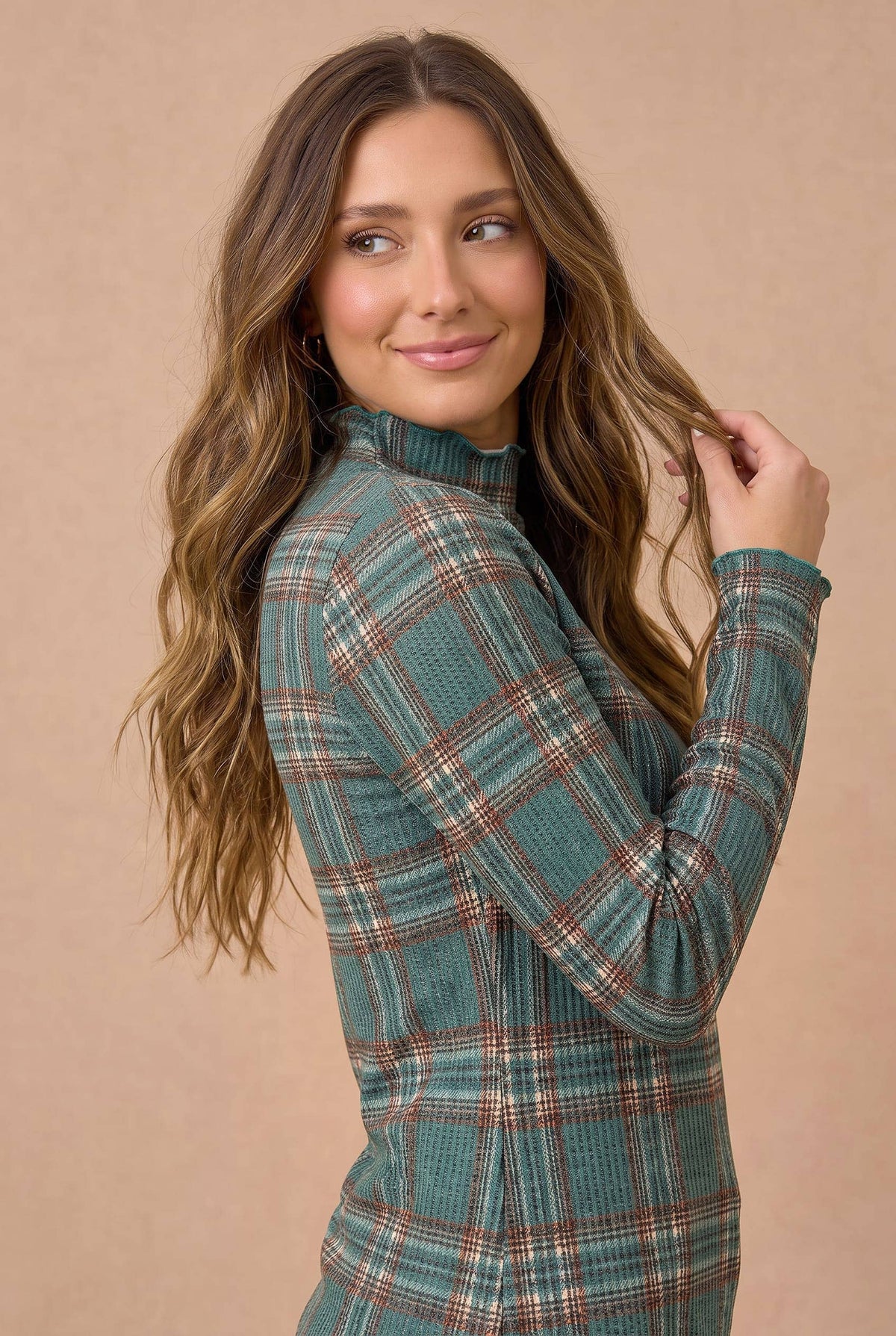 Plaid Mock Neck Frilled Hem Top Curvy