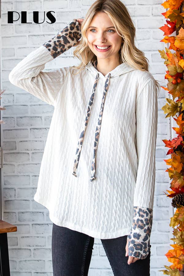 [PLUS SIZE]Cable Knit Leopard Accent Thumbhole HoodieT4892XL