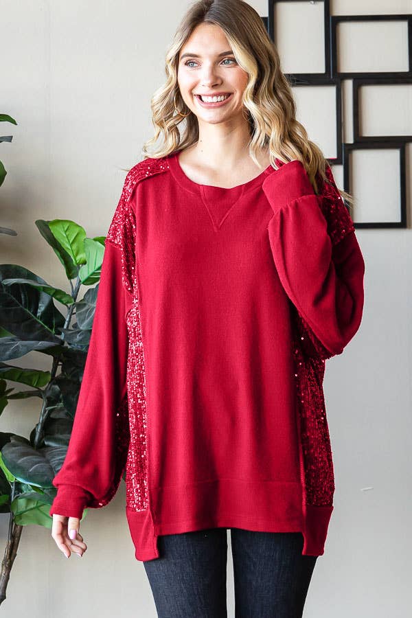 Brushed Drop Shoulder Sequin Contrast Pullover Top T5400
