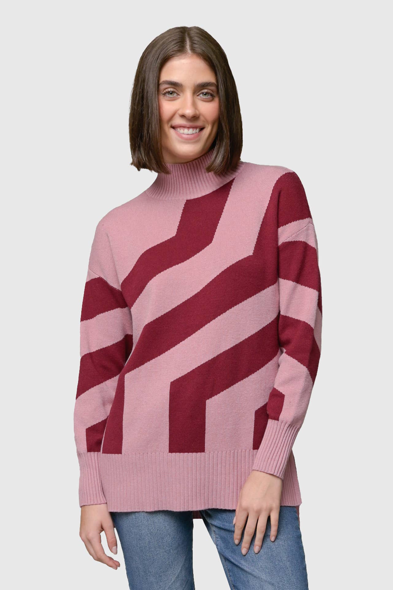 Jacquard Hi-Lo Mock Neck Tunic Sweater