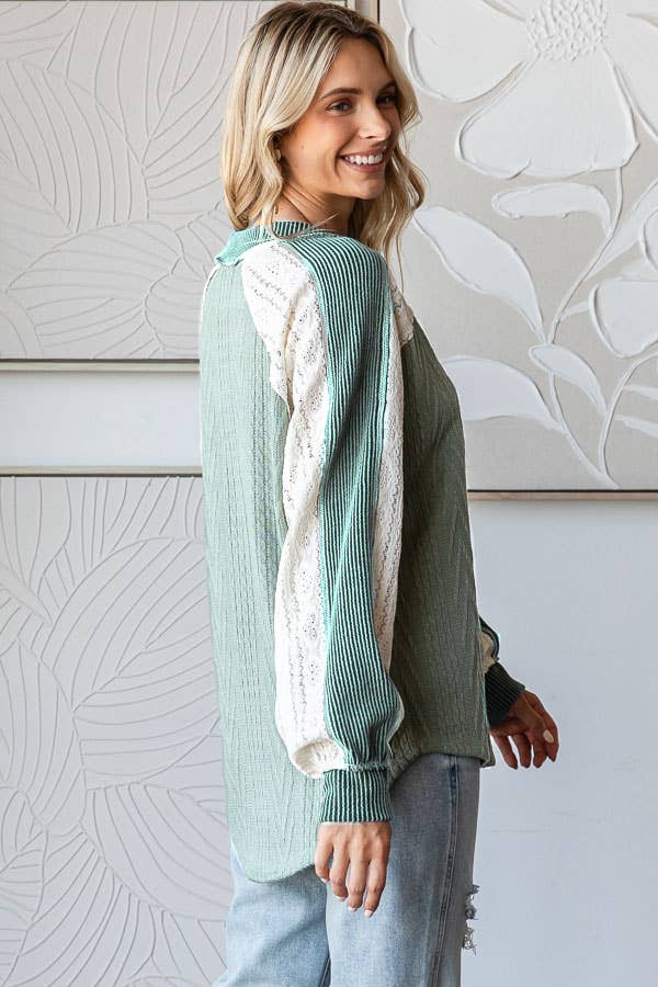 Cable Knit Color Block V Neck Long Sleeve Top T5694