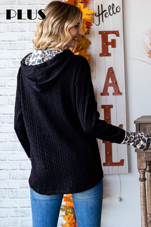 [PLUS SIZE]Cable Knit Leopard Accent Thumbhole HoodieT4892XL