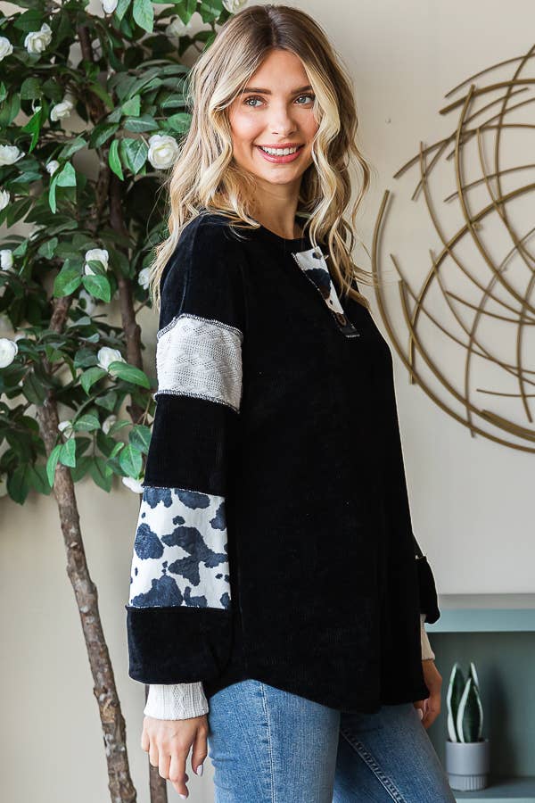 [PLUS SIZE] Animal Print Accent Button Front PulloverT5371XL