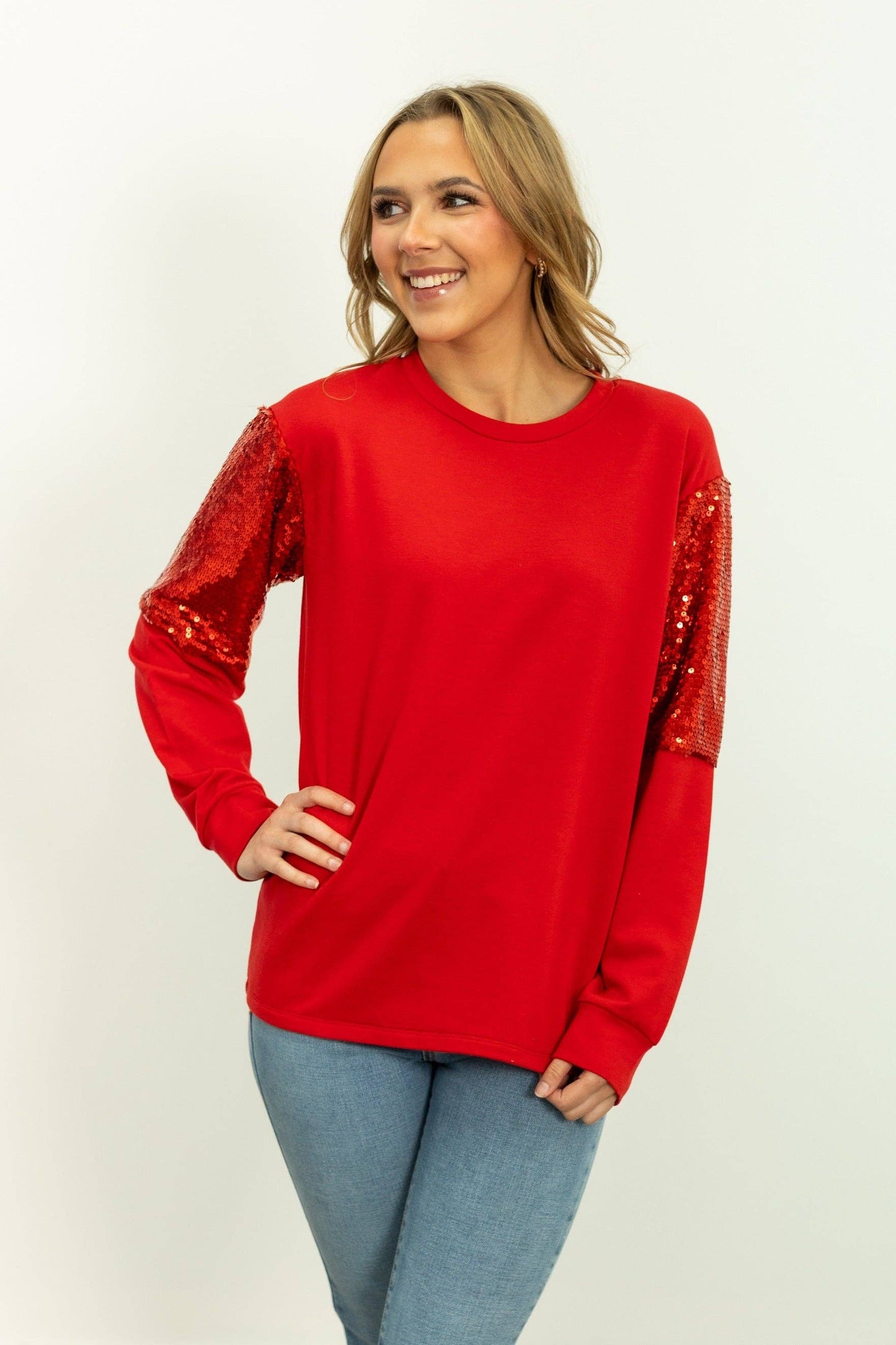 Light Weight Sequins Sweatshirt, Red