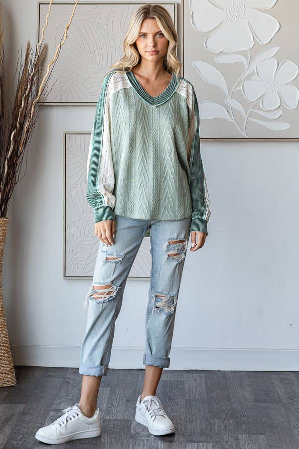 Cable Knit Color Block V Neck Long Sleeve Top T5694