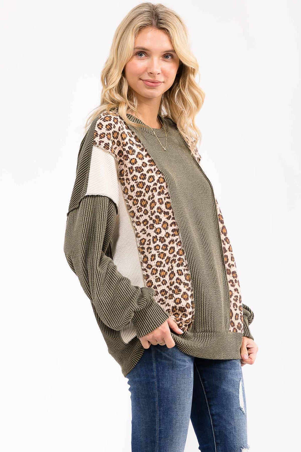 Color Block Rib Knit Oversized Pullover Top T6109