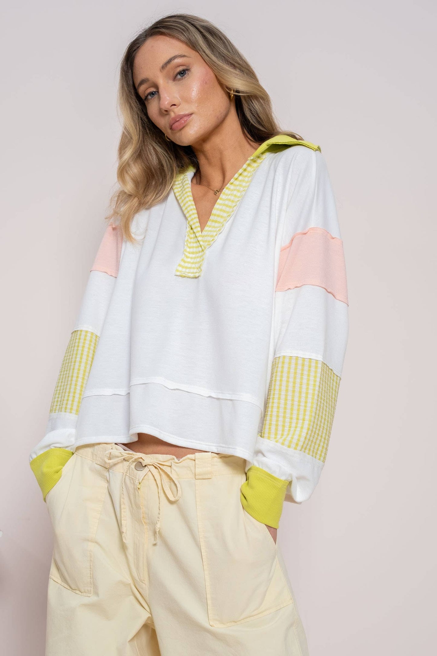 Plus color block collared top with striped panels-PLT11201