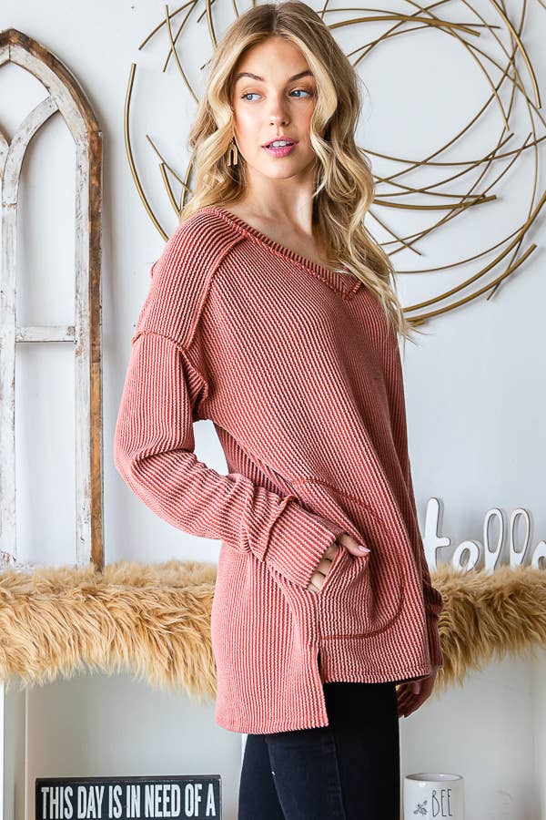 [PLUS SIZE] Rib V-Neck Drop Shoulder Long Sleeve Top T5240XL