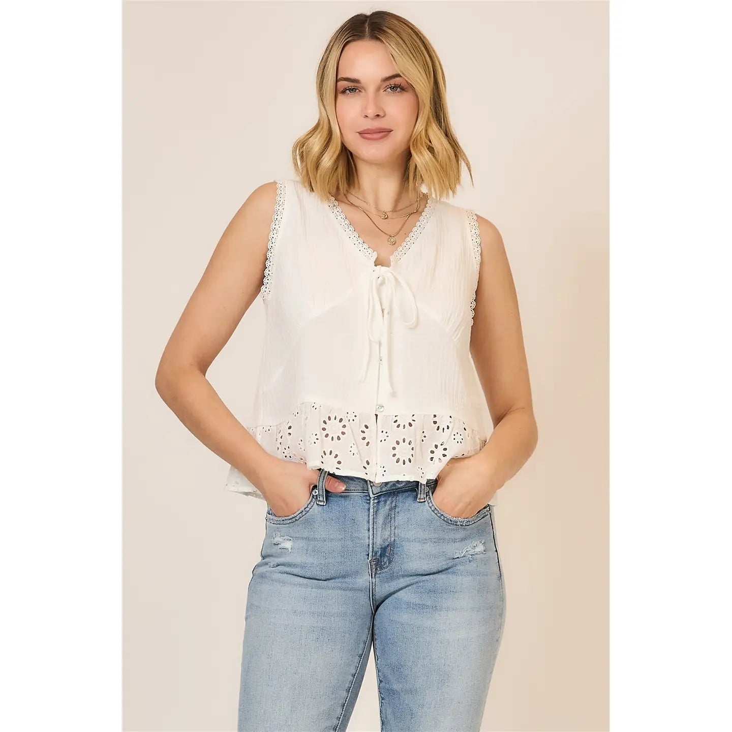 V Neck Lace Trim Sleeveless Top